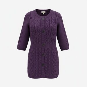 Kilronan Knitwear Women Cardigan S Purple Merino Wool Irish Aran Cable Knit
